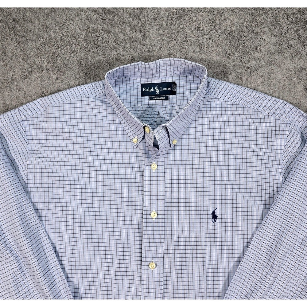 Ralph Lauren Button Down Mens 17.5 34/35 Blue Check Excellent Custom Fit Cotton - Picture 4 of 16